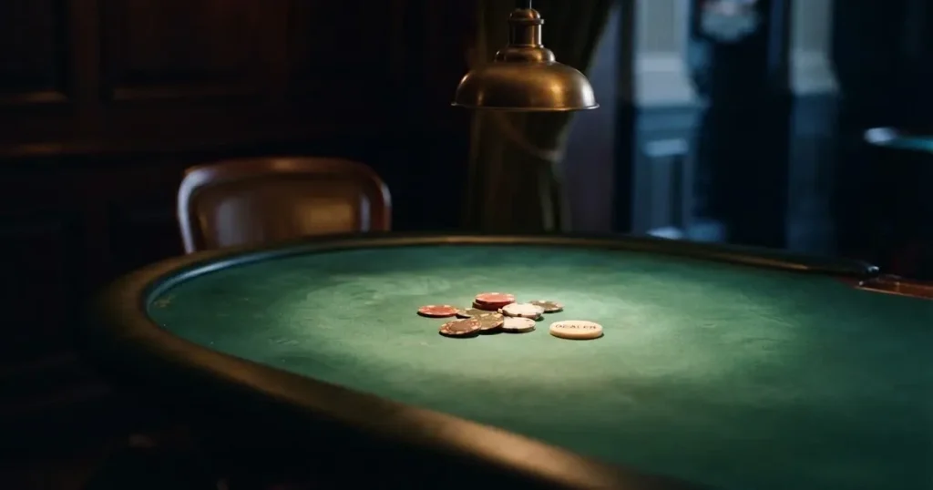 Ett ovalt pokerbord under en lågt hängande lampa, med spelmarker och en vit bricka i ljuset — casinon med roulette i sverige