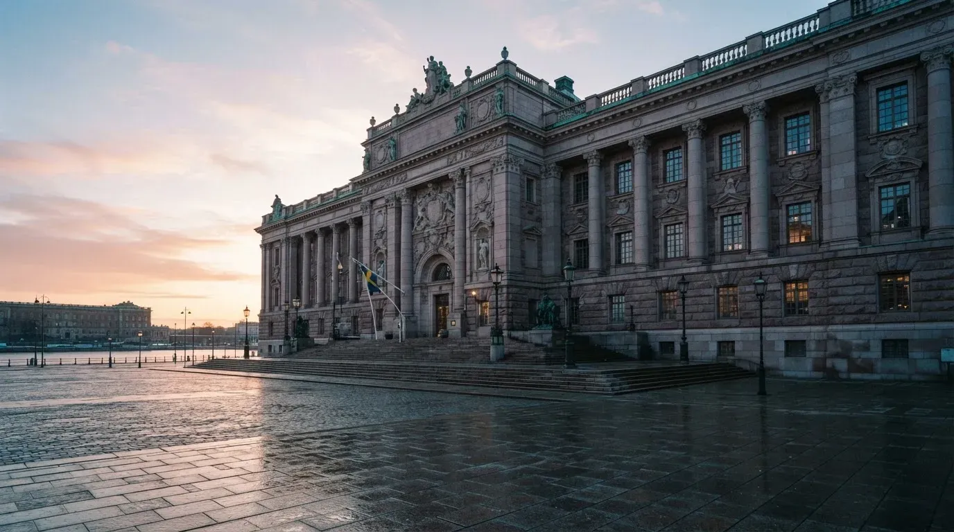 Stenfasad på en statlig byggnad i Stockholm vid gryning, höga pelare och ett tomt torg framför — casinon med roulette i sverige