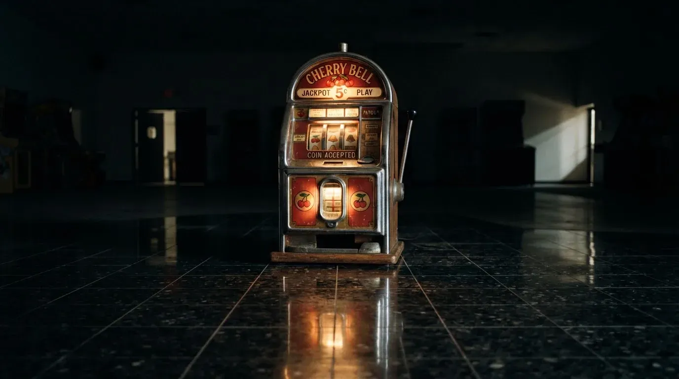 En gammal spelautomat lyser i den dunkla hallen och speglar sig i golvet — casinon med slots i sverige