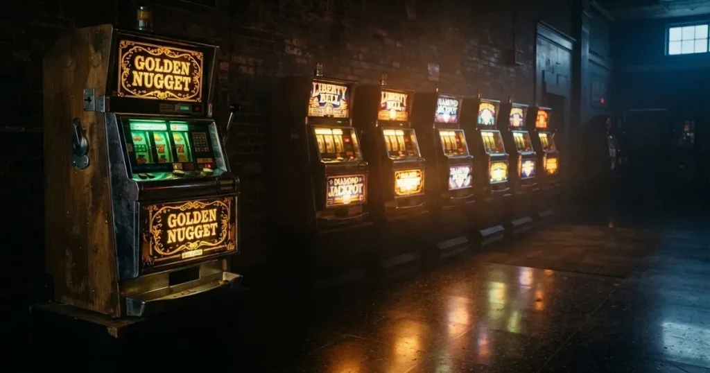 En rad spelskåp i en dunkel hall, rullarna lyser i olika färger och golvet speglar dem — casinon med slots i sverige