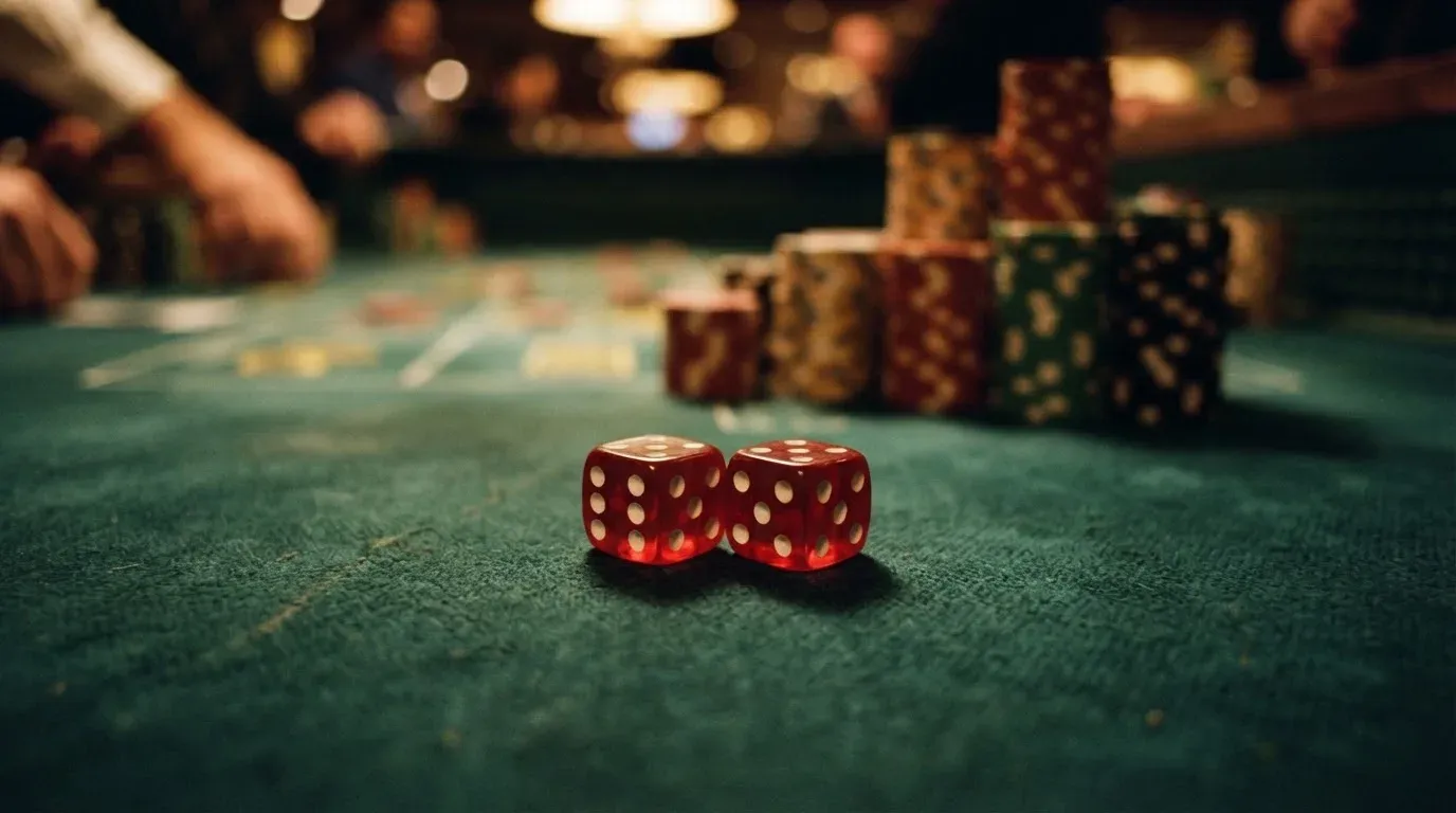 Röda tärningar vilar på grönt filt, bakom dem suddiga torn av spelmarker i kvällsdunklet — casinon med spelautomater i sverige