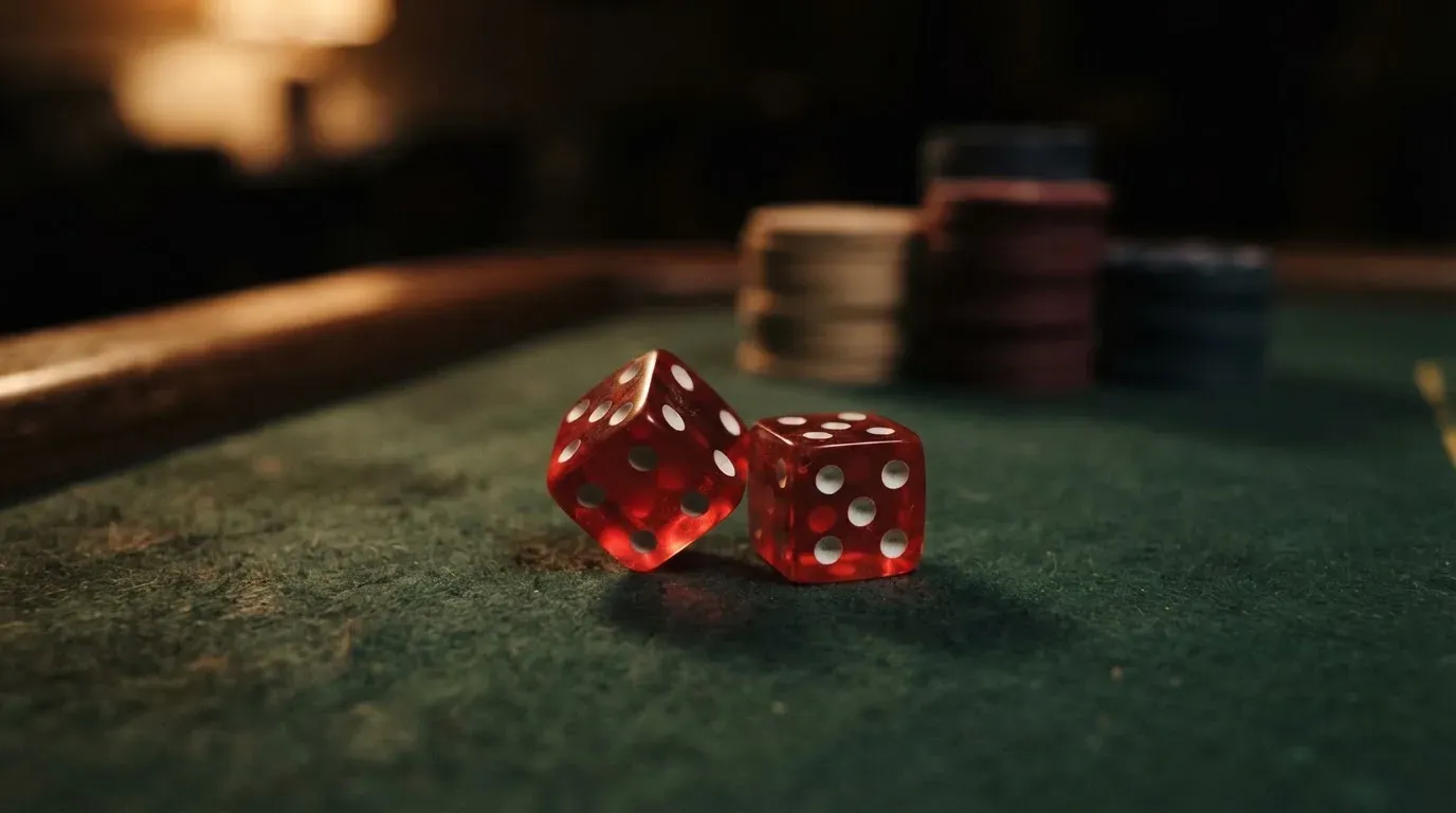 Röda tärningar vilar på grönt filt, bakom dem suddiga torn av spelmarker i kvällsdunklet — casinon med uttag i sverige