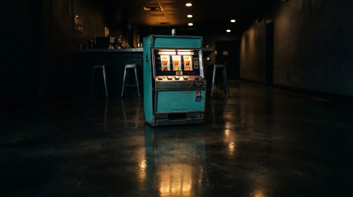 En gammal spelautomat lyser i den dunkla hallen och speglar sig i golvet — casinon med välkomsterbjudande