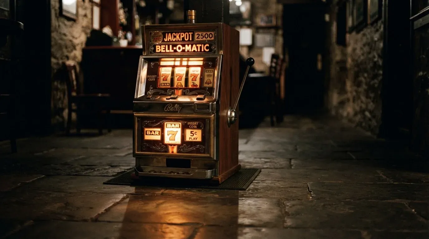 En gammal spelautomat lyser i den dunkla hallen och speglar sig i golvet — casinon utan bankid i sverige