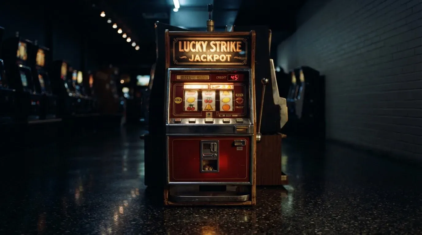 En gammal spelautomat lyser i den dunkla hallen och speglar sig i golvet — casinon utan omsättningskrav