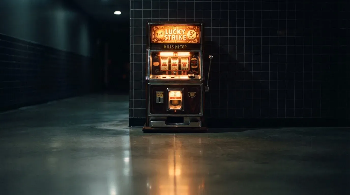 En gammal spelautomat lyser i den dunkla hallen och speglar sig i golvet — casinon utan spelgräns i sverige