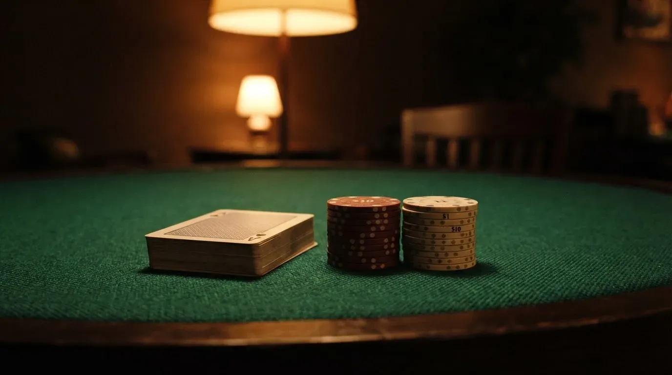 Kortlek och staplar av spelmarker på ett grönt filtbord i en dunkel salong, varmt lampsken — casinostugan för svenskar