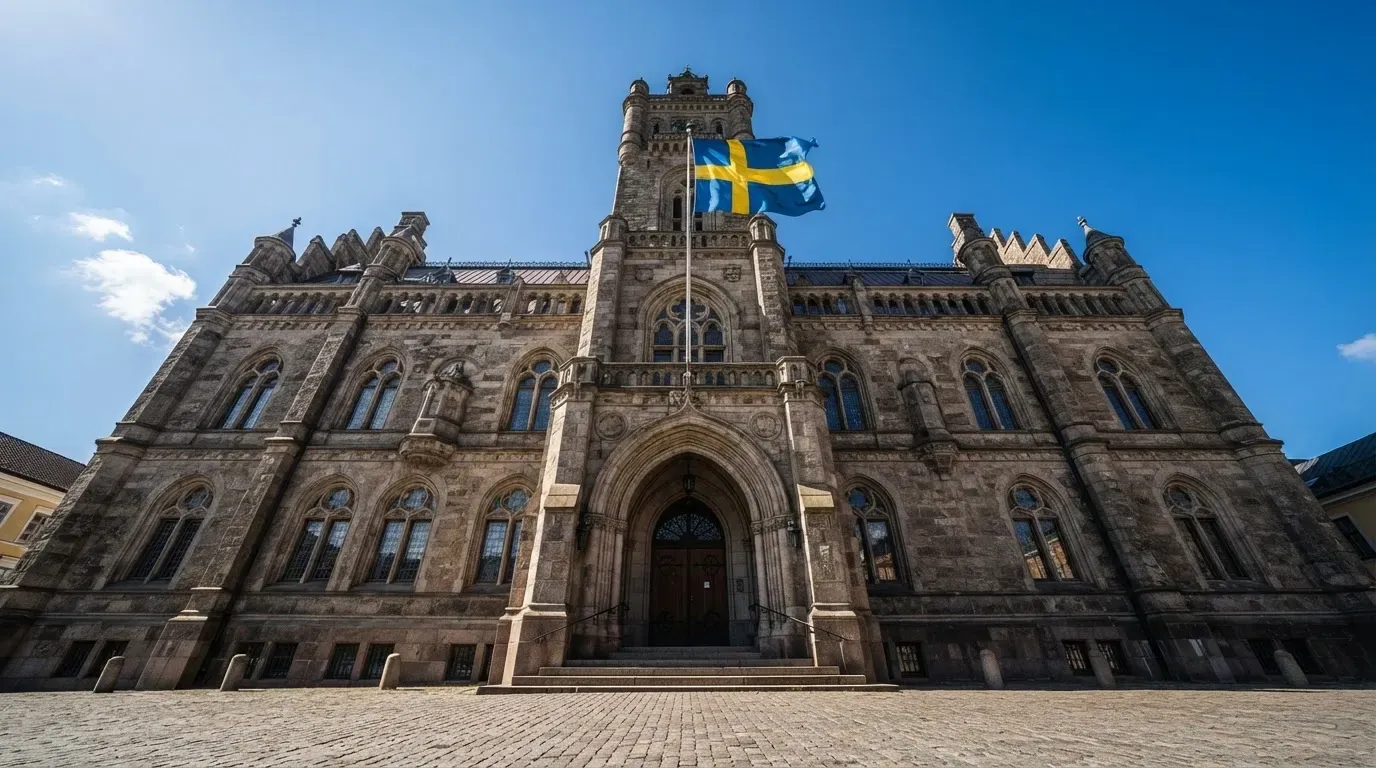 Ett gammalt stadshus i sten fotograferat underifrån mot en klarblå himmel, med den svenska flaggan som fladdrar ovanför entrén.