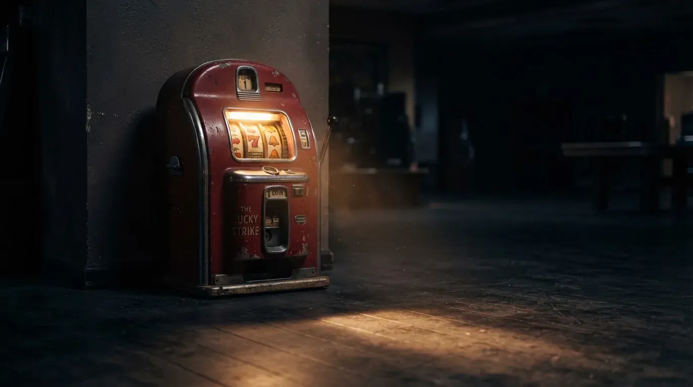 En gammal spelautomat lyser i den dunkla hallen och speglar sig i golvet — hur fungerar casino på nätet