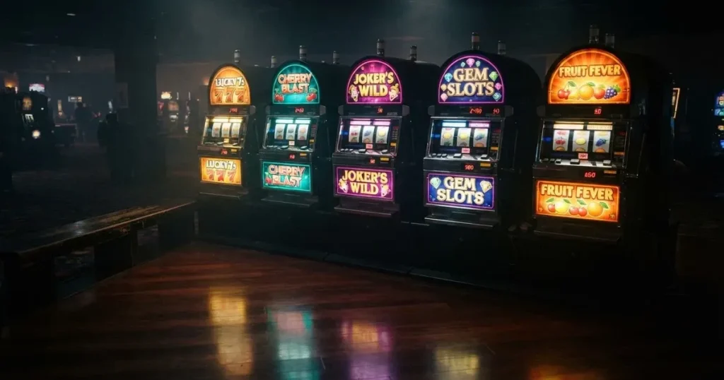 En rad spelskåp i en dunkel hall, rullarna lyser i olika färger och golvet speglar dem — hur fungerar casino på nätet