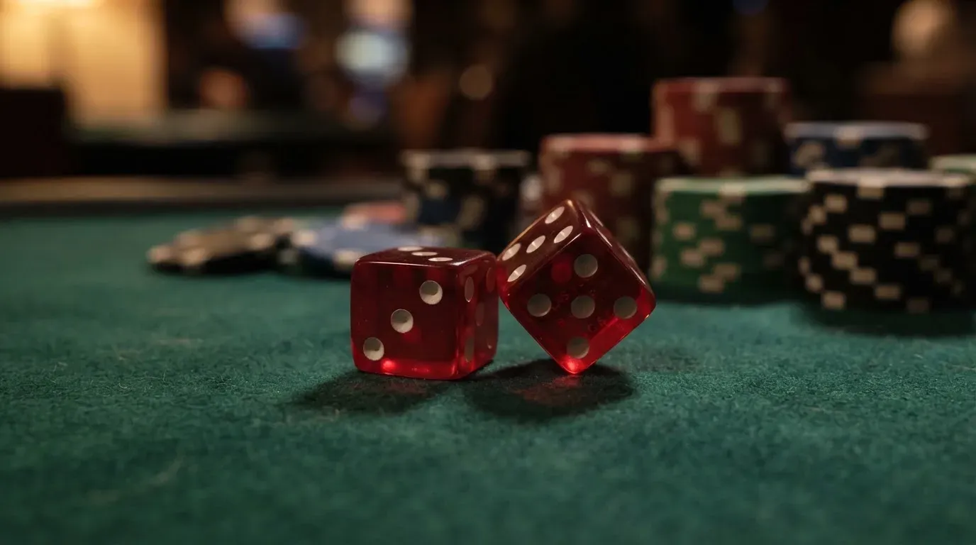 Röda tärningar vilar på grönt filt, bakom dem suddiga torn av spelmarker i kvällsdunklet — hur man vinner på casino