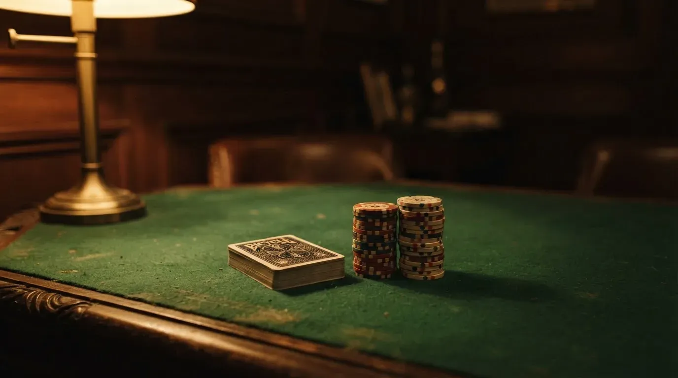 Kortlek och staplar av spelmarker på ett grönt filtbord i en dunkel salong, varmt lampsken — jämförelse av casinon i sverige