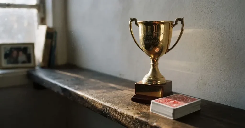 En förgylld pokal och en kortlek på en trähylla, kallt morgonljus från fönstret — jämförelse av casinon i sverige