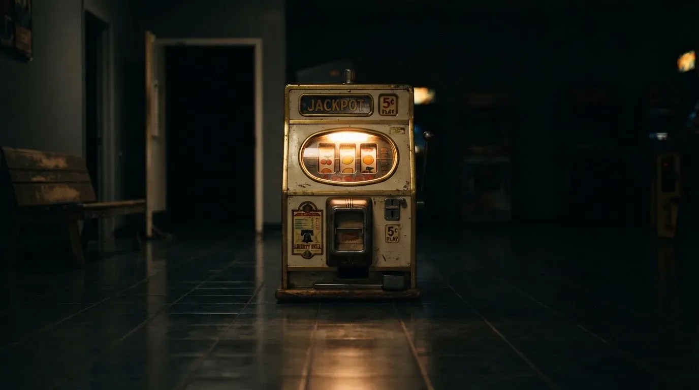 En gammal spelautomat lyser i den dunkla hallen och speglar sig i golvet — kampanjer på casinon i sverige