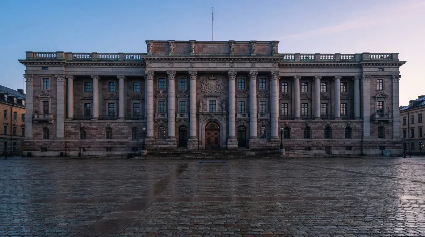 Stenfasad på en statlig byggnad i Stockholm vid gryning, höga pelare och ett tomt torg framför — kasinospel i sverige