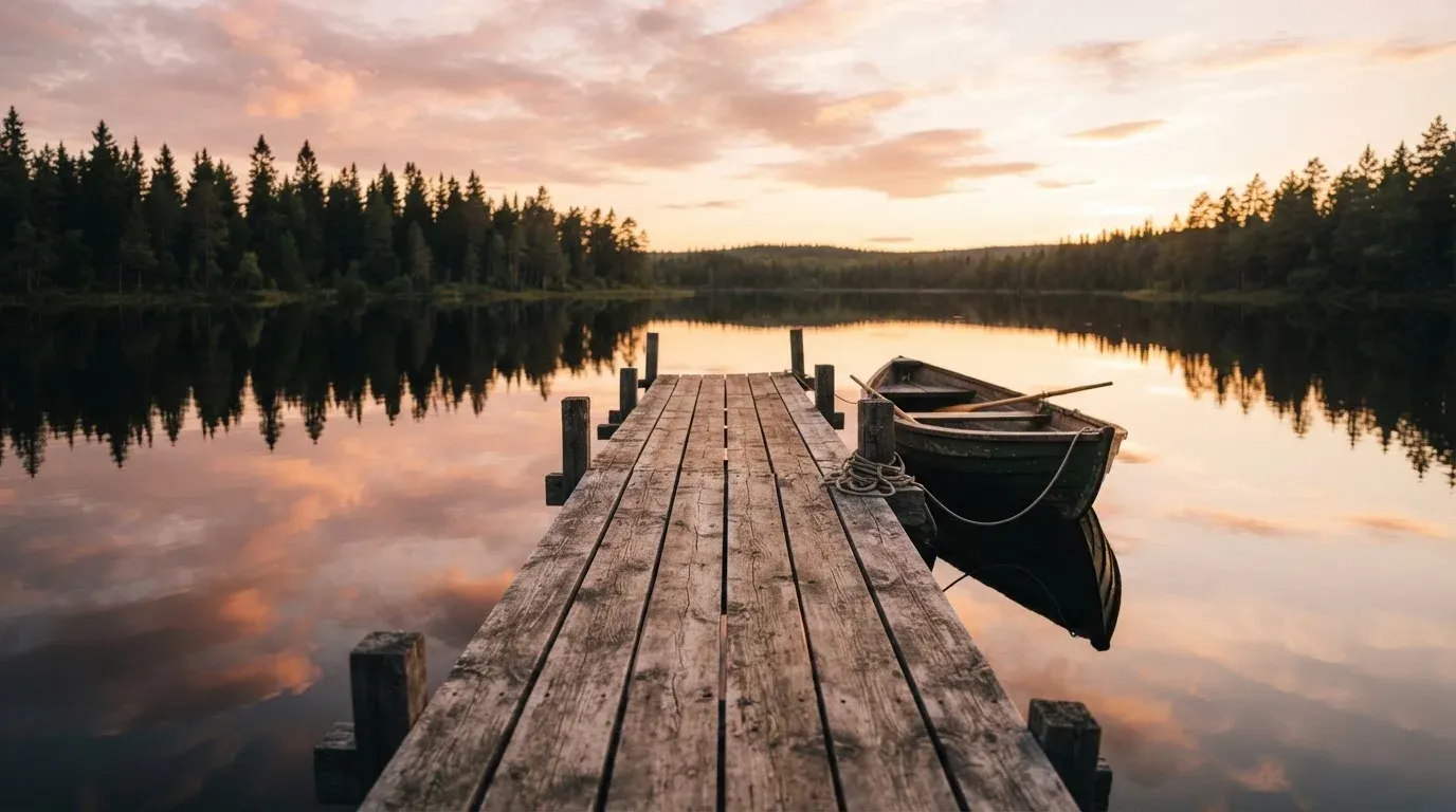 En brygga vid en stilla sjö i solnedgång, roddbåten förtöjd och molnen speglas i vattnet — kasinospel i sverige