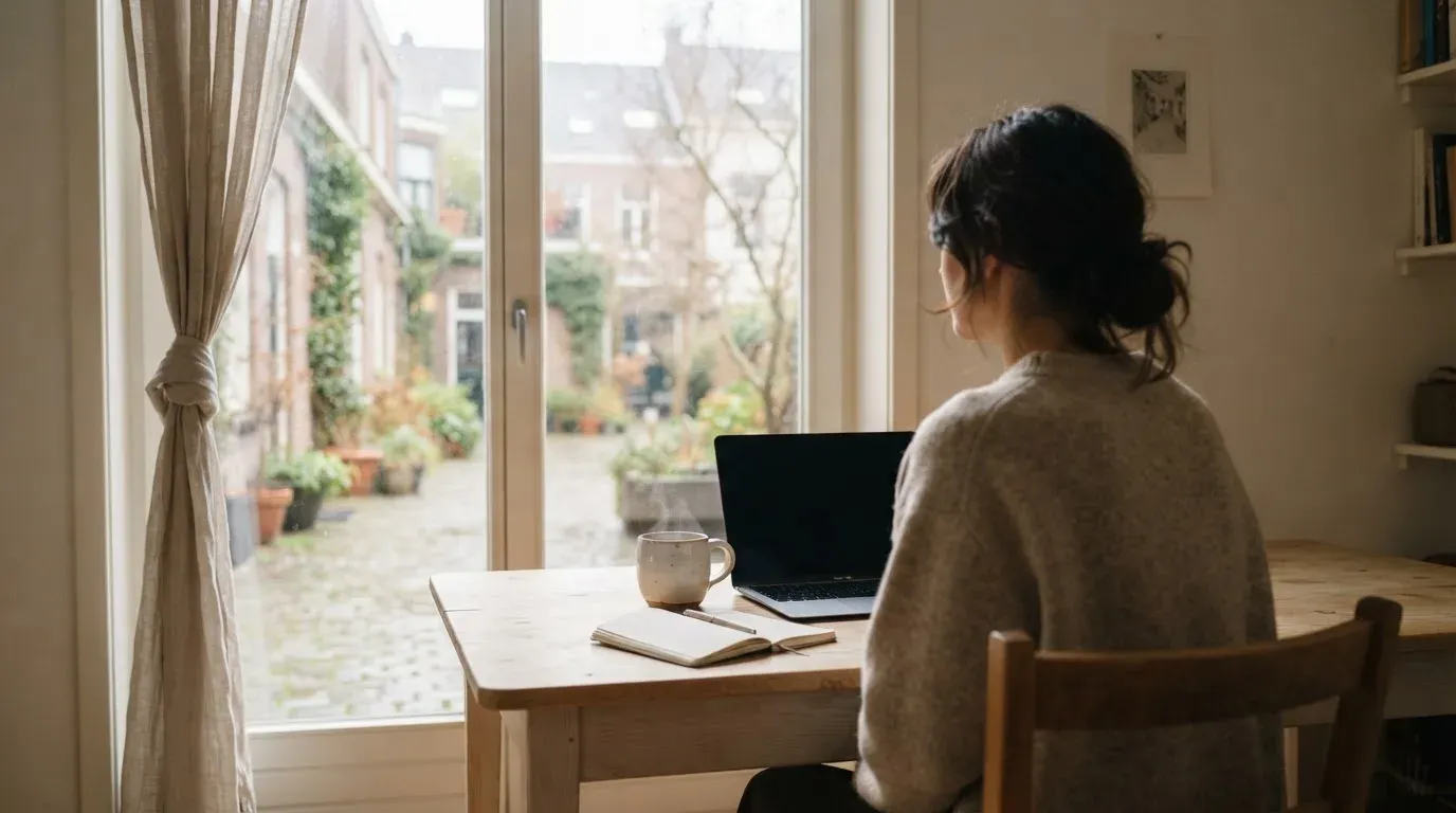 En person sitter vid ett skrivbord hemma med en kopp kaffe och tittar ut genom fönstret i mjukt morgonljus.