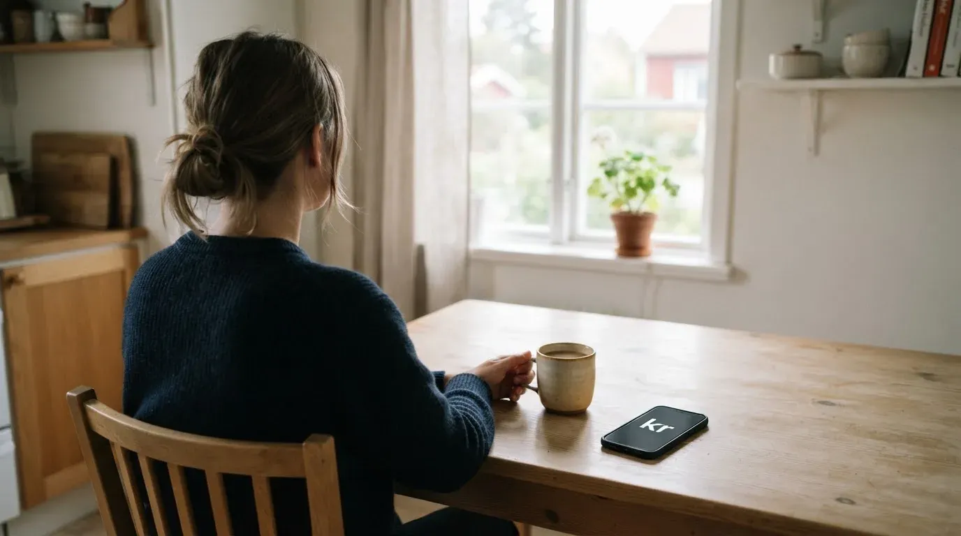 En person sitter ensam vid ett köksbord med händerna runt en varm kopp och blicken riktad mot fönstret.