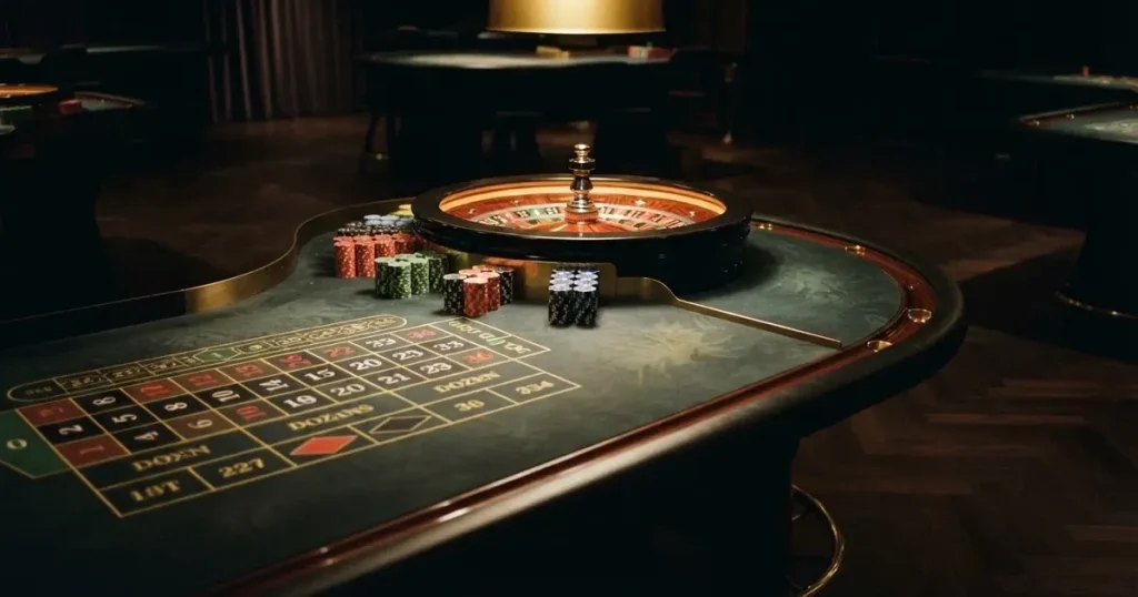 Ett halvmåneformat kortbord i en tyst sal, spelmarker framför varje plats och mjukt takljus — lightning roulette i sverige