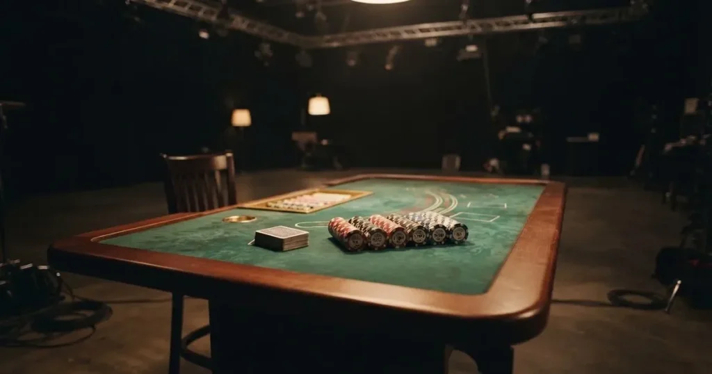 En studiomiljö med ett grönt spelbord, kortlekar och marker uppradade, fotograferad i halvskugga utan synliga personer i förgrunden.