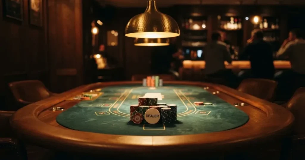 Ett ovalt pokerbord under en lågt hängande lampa, med spelmarker och en vit bricka i ljuset — live kasino i sverige