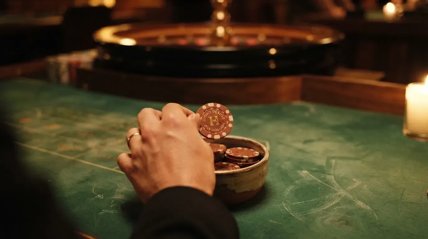 En hand lyfter en spelmark ur en skål, ljuslågan färgar bordet gyllenbrunt — live roulette i sverige