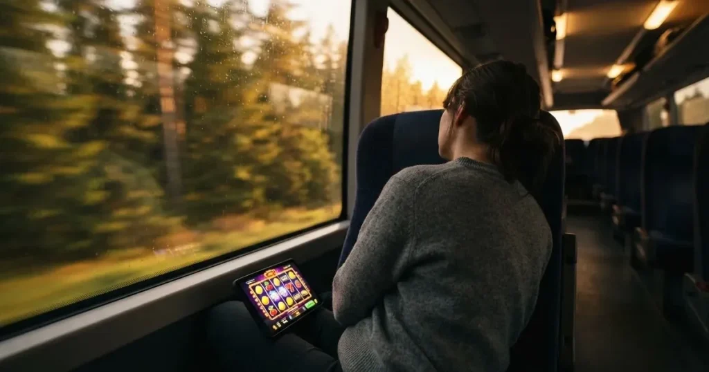 En passagerare vid bussfönstret med en stängd mobil i knät, granar flimrar förbi i solnedgång — mobil kasino i sverige