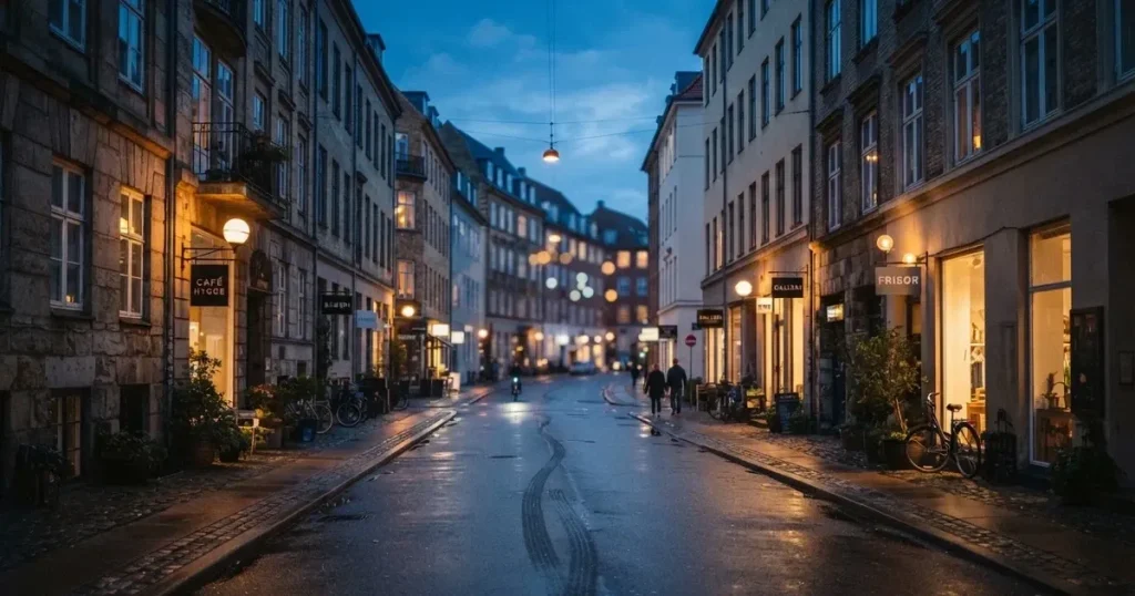 En stadsgata fotograferad i skymning med suddiga ljus från fönster i byggnader längs båda sidor.