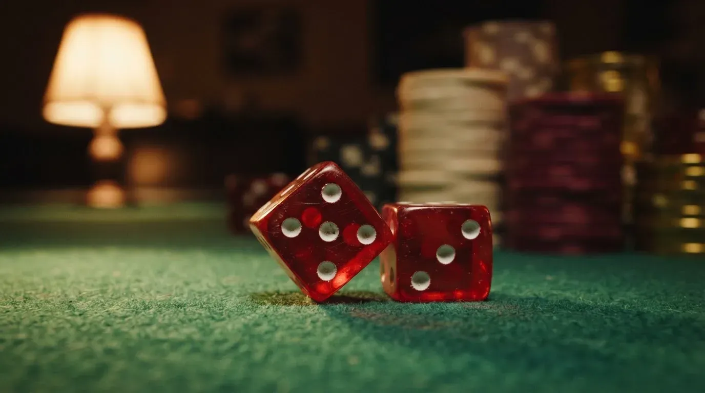 Röda tärningar vilar på grönt filt, bakom dem suddiga torn av spelmarker i kvällsdunklet — nytt casinon i sverige