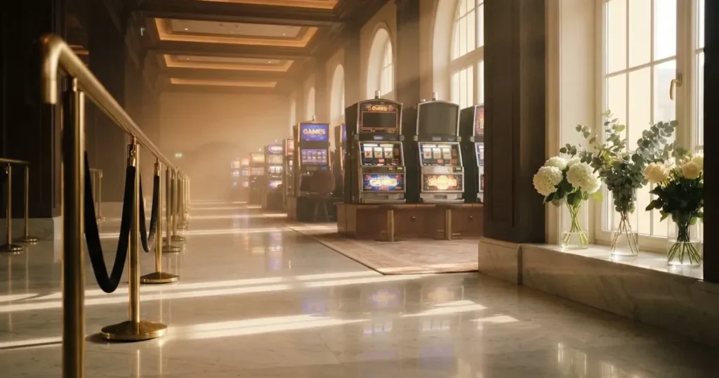 En nyöppnad spelsal med blankt marmorgolv, mässingsräcken och färska blommor i morgonljus — nytt casinon i sverige