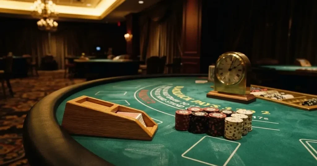 Grönt filt och en lång kortlåda av trä vid bordskanten, bredvid en blank mässingsklocka — online blackjack i sverige
