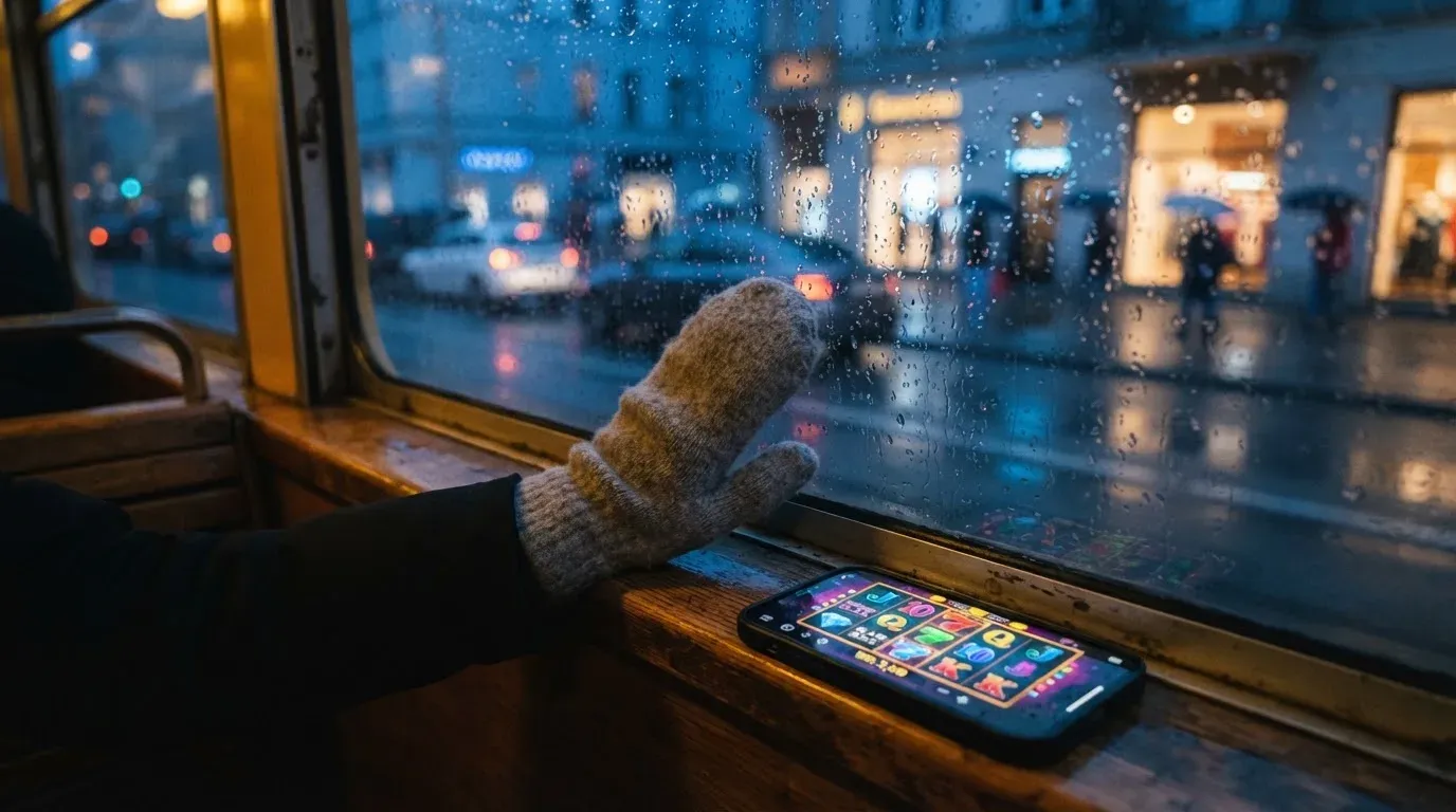 Regndroppar på en spårvagnsruta, bakom glaset en blånande gata, en mjuk yllevante i handen — online kasino i sverige