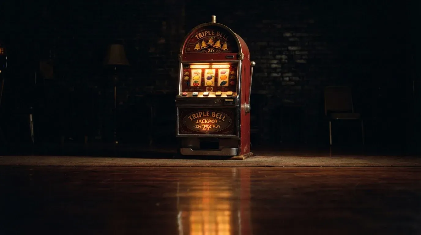 En gammal spelautomat lyser i den dunkla hallen och speglar sig i golvet — populära casinon i sverige