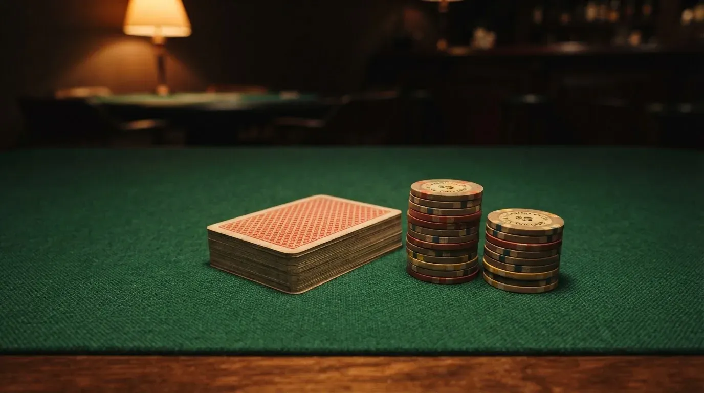 Kortlek och staplar av spelmarker på ett grönt filtbord i en dunkel salong, varmt lampsken — roulette gratis i sverige