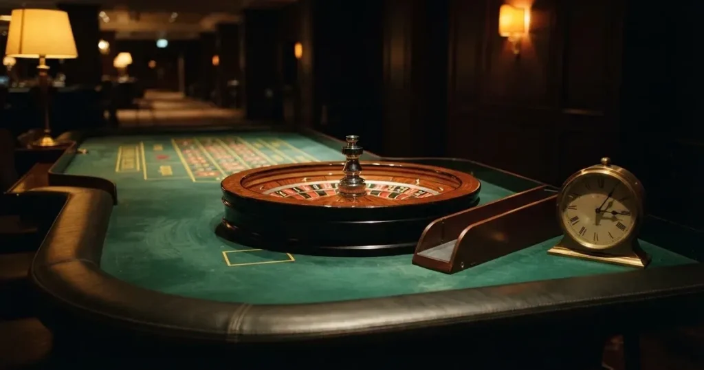 Grönt filt och en lång kortlåda av trä vid bordskanten, bredvid en blank mässingsklocka — roulette gratis i sverige