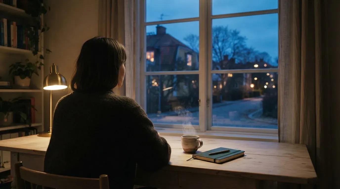 En person sitter vid ett skrivbord hemma med en kopp kaffe och tittar ut genom fönstret medan kvällsljuset faller in mjukt.