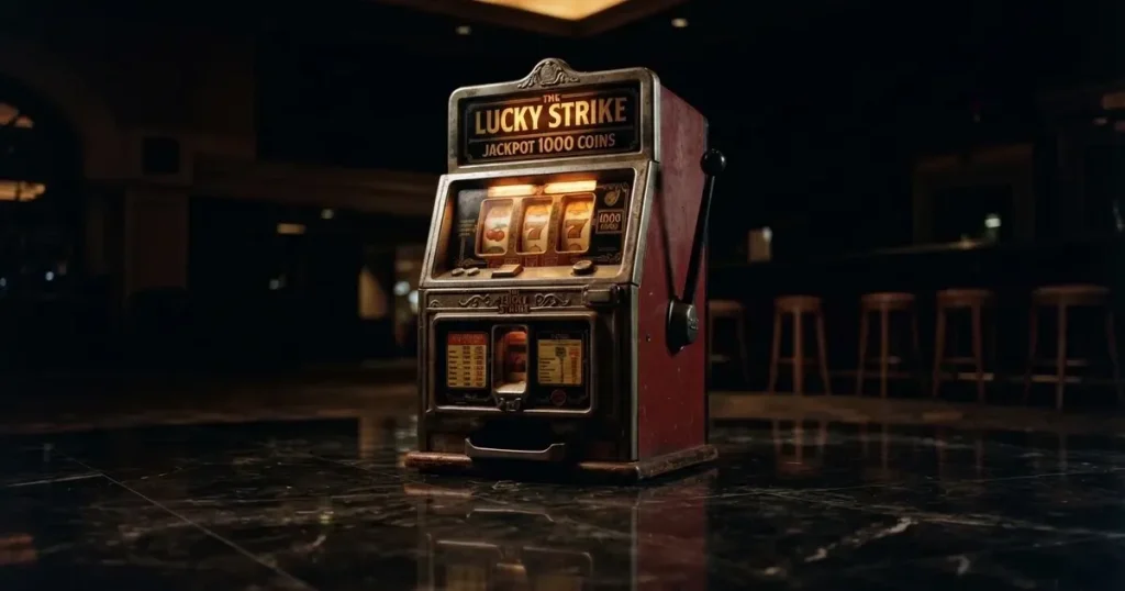 En gammal spelautomat lyser i den dunkla hallen och speglar sig i golvet — säkra casinon i sverige