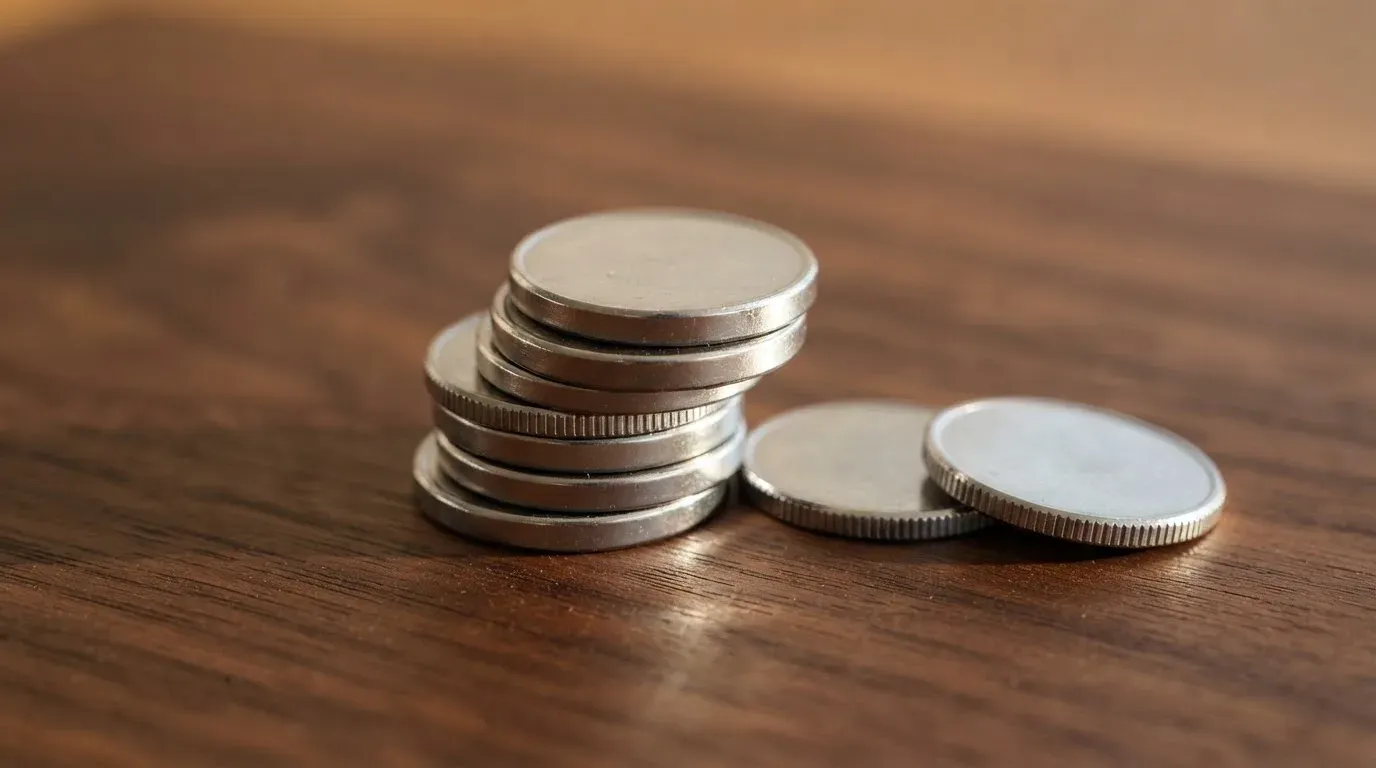 Silverfärgade mynt i en hög på en mörk träskiva — svenska casinon med litecoin