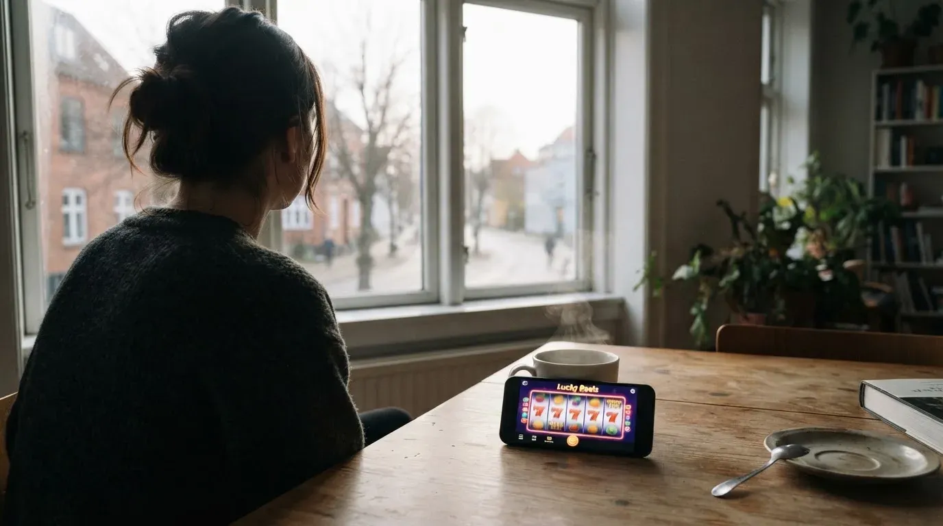 En person sitter vid köksbordet med en kopp kaffe och tittar ut genom fönstret i mjukt morgonljus.