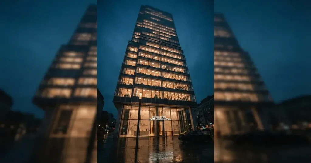 En modern kontorsbyggnad fotograferad underifrån i skymning med tända fönster mot en mörkblå himmel.