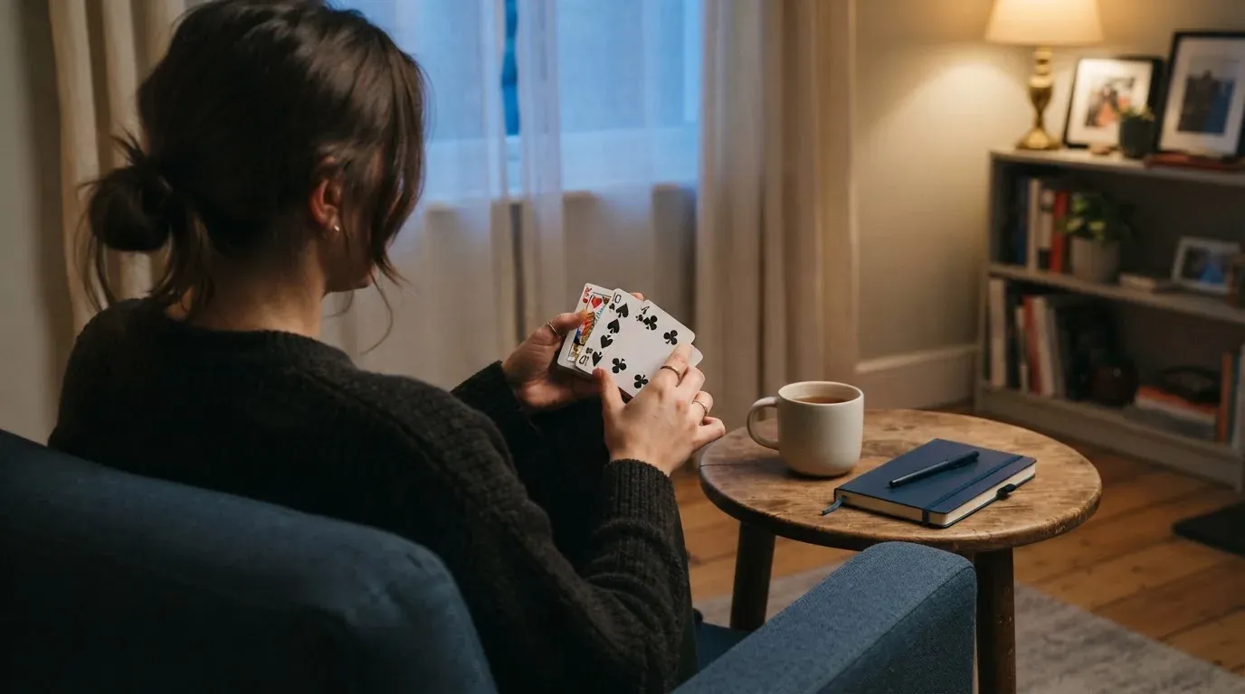 En person sitter hemma i en fåtölj och blandar en kortlek på ett litet bord, med mjukt kvällsljus genom fönstret i bakgrunden.