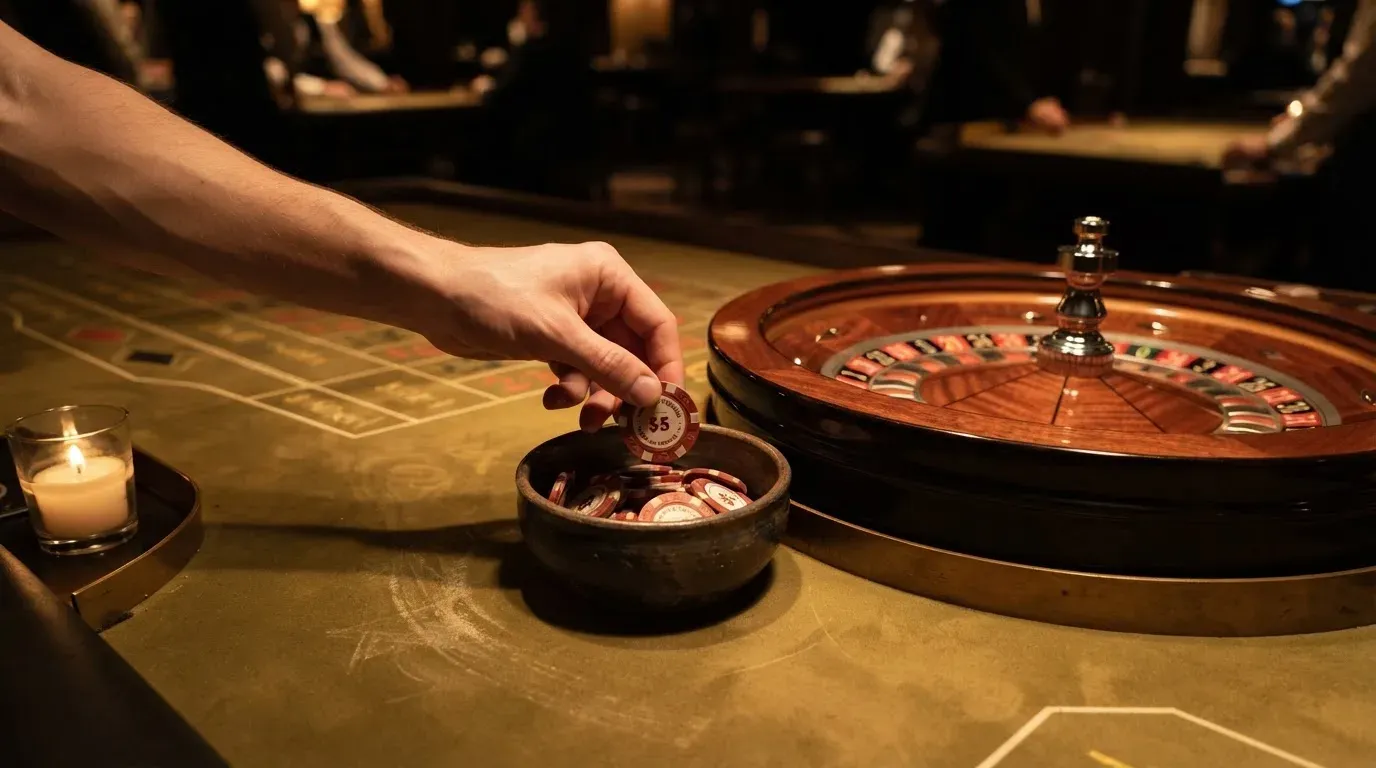 En hand lyfter en spelmark ur en skål, ljuslågan färgar bordet gyllenbrunt — spela roulette i sverige