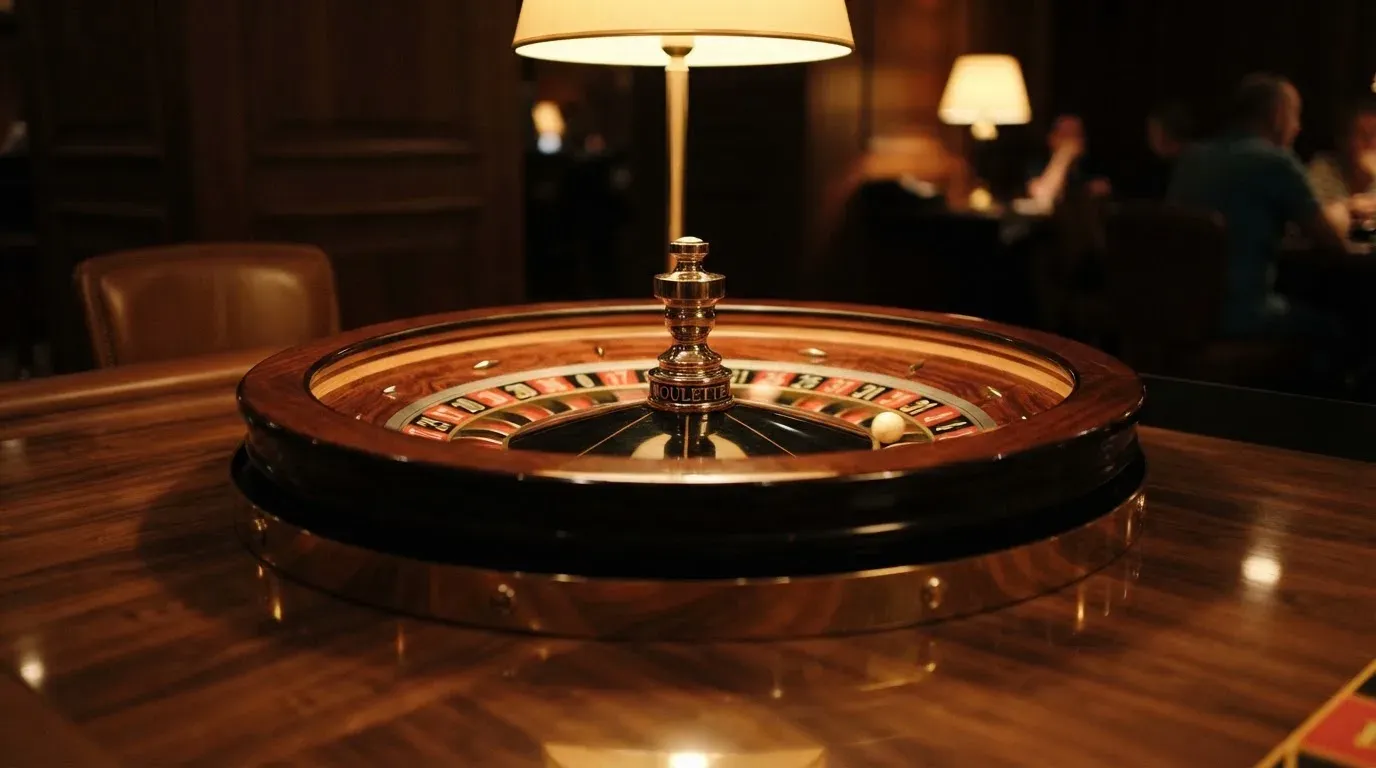Ett roulettehjul snurrar på ett blankt träbord, den vita kulan glimmar i takljusets guld — spela spelautomater i sverige