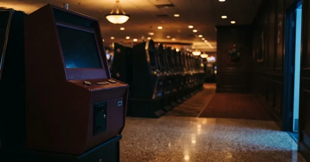 Rader av tomma spelautomater med släckta skärmar står uppställda i ett dimmat rum, fotograferat snett från sidan.