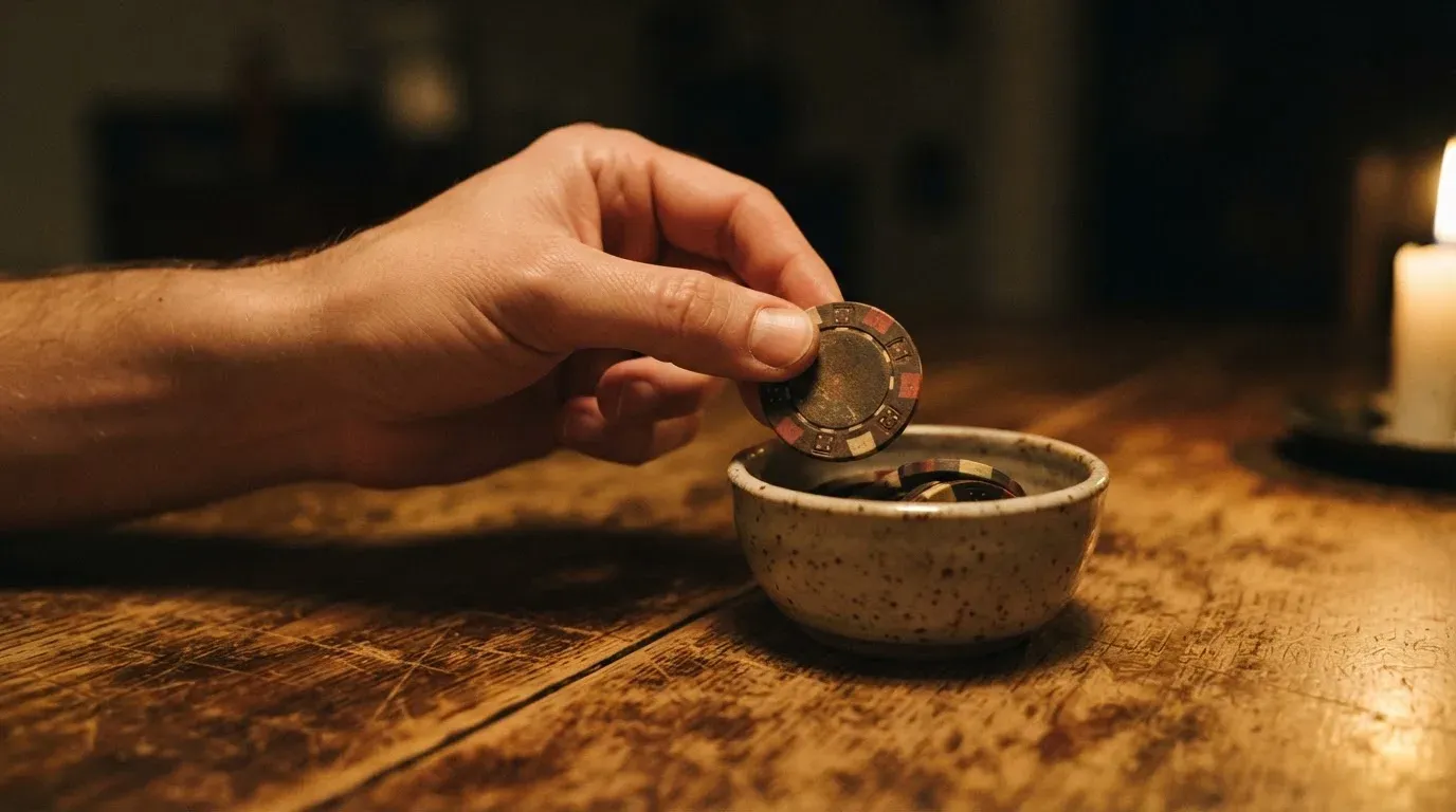 En hand lyfter en spelmark ur en skål, ljuslågan färgar bordet gyllenbrunt — spelautomater på nätet