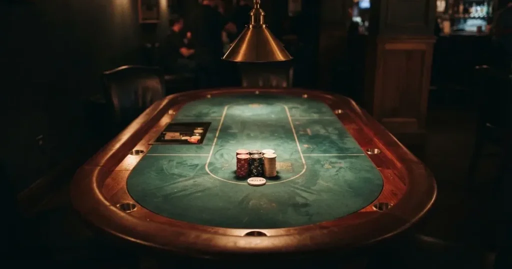 Ett ovalt pokerbord under en lågt hängande lampa, med spelmarker och en vit bricka i ljuset — spelautomater på nätet