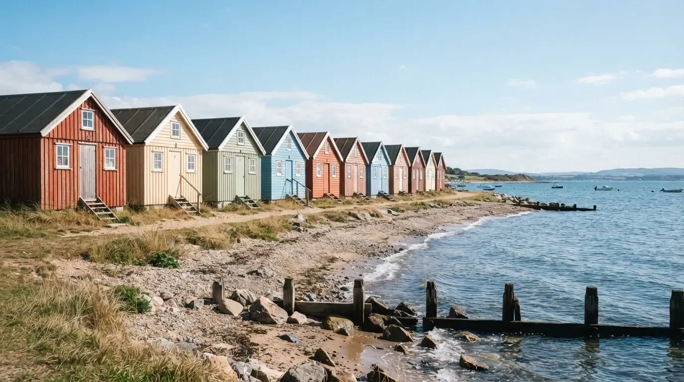 Rad av färgglada strandhus längs en kust i dagsljus — svenska casinon med litecoin