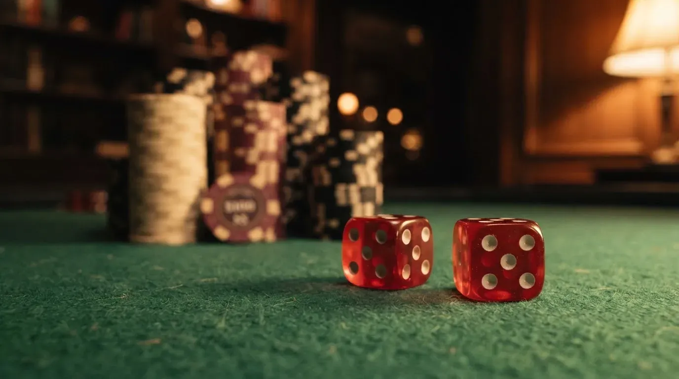 Röda tärningar vilar på grönt filt, bakom dem suddiga torn av spelmarker i kvällsdunklet — svenska casinon för high rollers