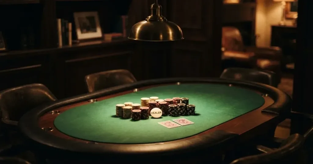 Ett ovalt pokerbord under en lågt hängande lampa, med spelmarker och en vit bricka i ljuset — svenska casinon för high rollers