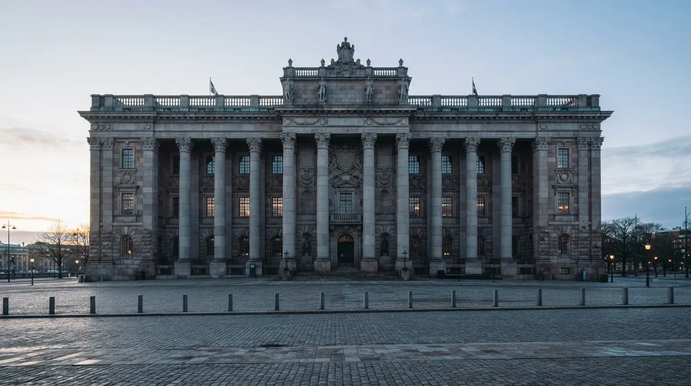Stenfasad på en statlig byggnad i Stockholm vid gryning, höga pelare och ett tomt torg framför — svenska casinon för high rollers